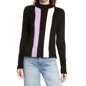NWT Halogen Nordstrom’s Mock Neck Ultra Soft Sweater Black Purple Ivory Stripe